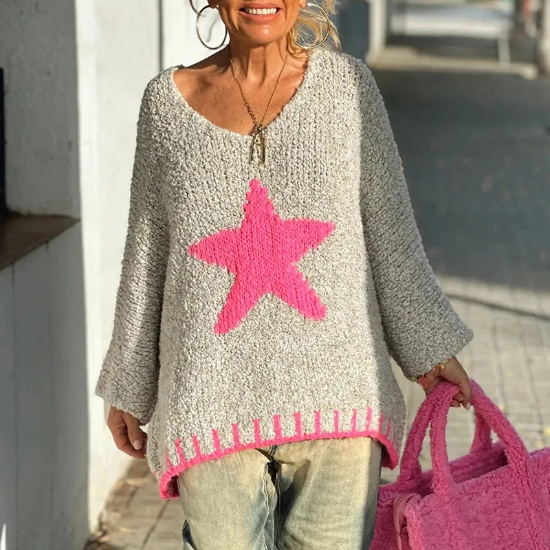 TAVIMART  -  Winter Elegant Patchwork Sweater Women Fashion Star Pattern Print Pullover Knitted Fall Sexy V-neck Long Sleeve Loose Jumper Top