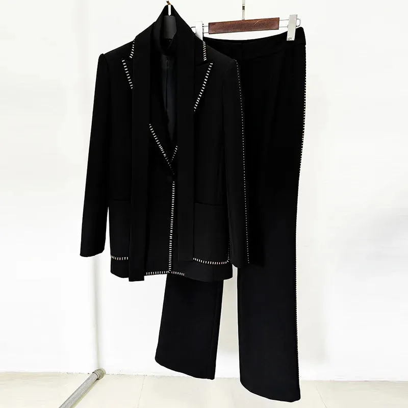 Trend4us Women's Chic Embellished Blazer and Trousers Set