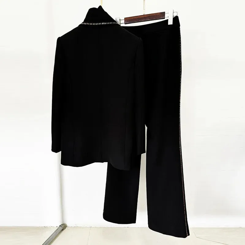 Trend4us Women's Chic Embellished Blazer and Trousers Set