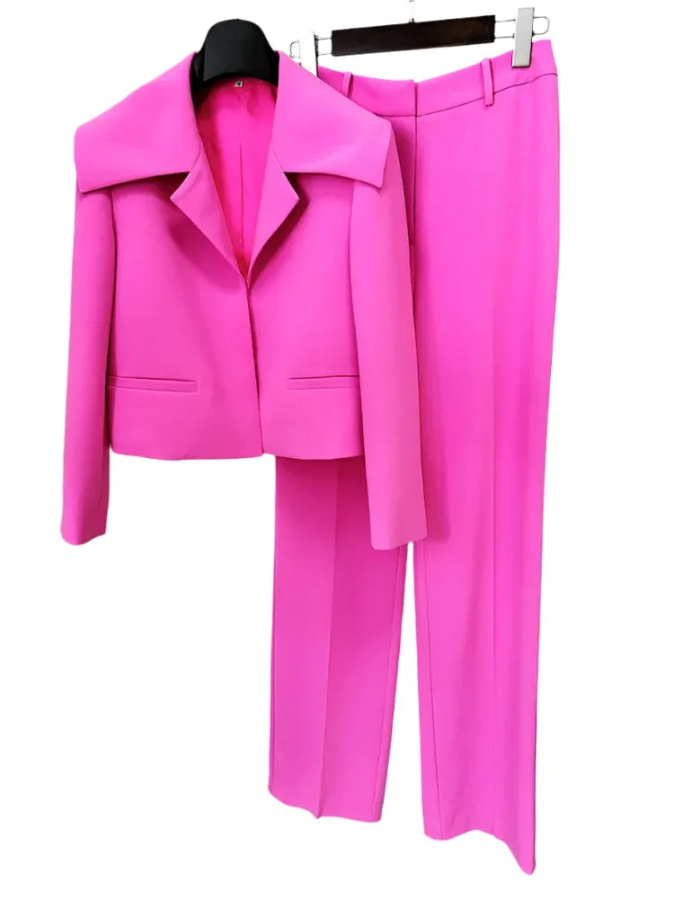 Trend4us Women's Oversized Collar Blazer & Wide-Leg Trouser Set