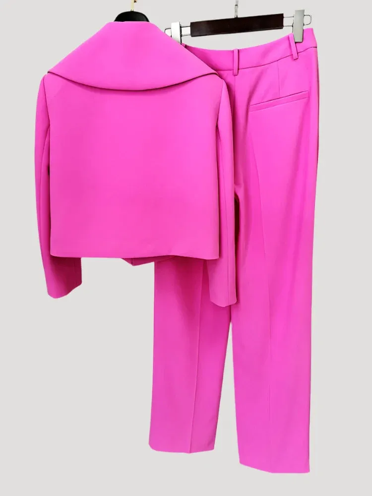 Trend4us Women's Oversized Collar Blazer & Wide-Leg Trouser Set