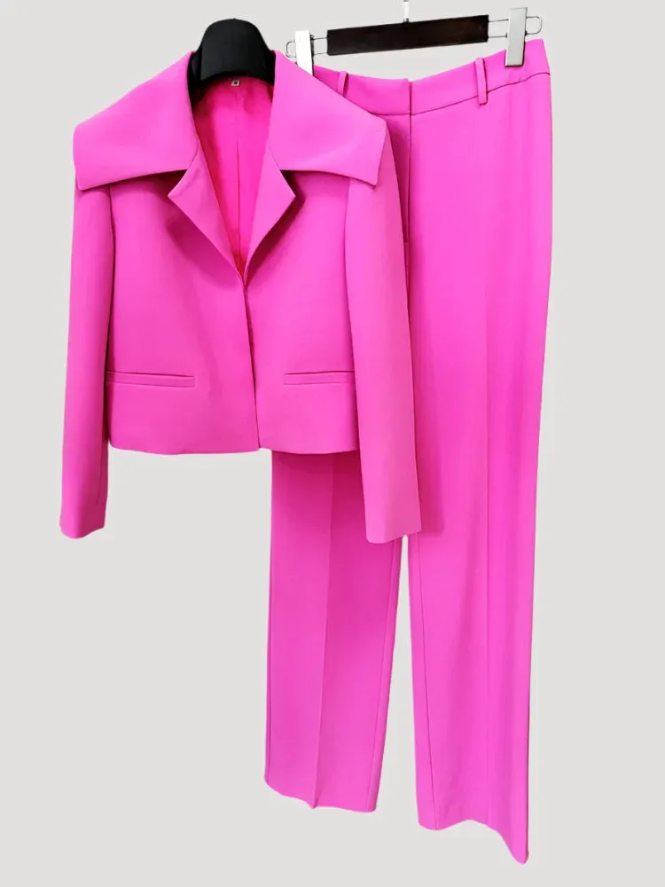 Trend4us Women's Oversized Collar Blazer & Wide-Leg Trouser Set
