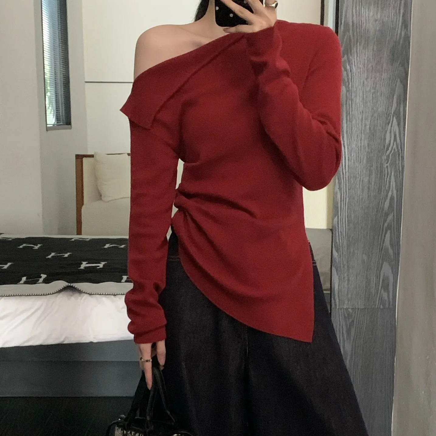 Uniwim 2000s fashion Autumn and Winter  Autumn and Winter New/Elegant Waist-Tight Pleated Oblique Collar Sweater