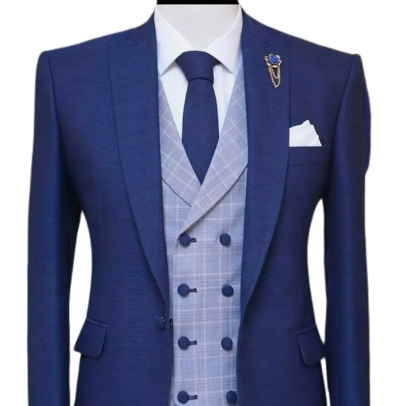 Voguable 3 Piece Blue Men Suits for Wedding Peaked Lapel Groom Tuxedo Male Fashion Set Jacket Plaid Vest with Pants New Arrival