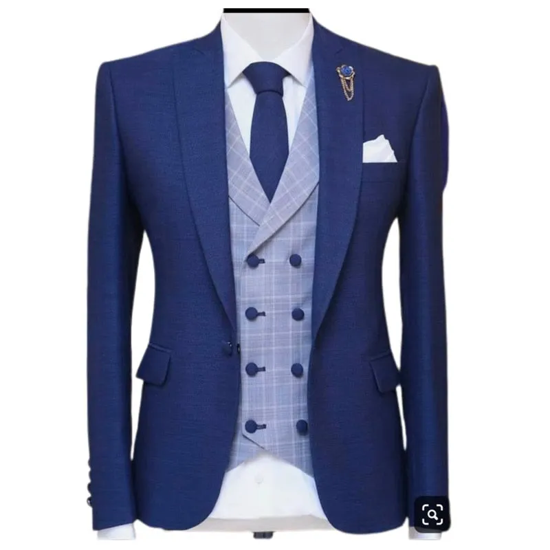 Voguable 3 Piece Blue Men Suits for Wedding Peaked Lapel Groom Tuxedo Male Fashion Set Jacket Plaid Vest with Pants New Arrival