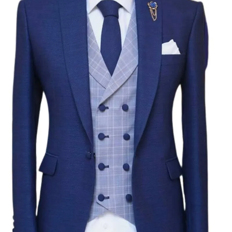 Voguable 3 Piece Blue Men Suits for Wedding Peaked Lapel Groom Tuxedo Male Fashion Set Jacket Plaid Vest with Pants New Arrival