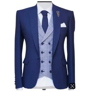 Voguable 3 Piece Blue Men Suits for Wedding Peaked Lapel Groom Tuxedo Male Fashion Set Jacket Plaid Vest with Pants New Arrival