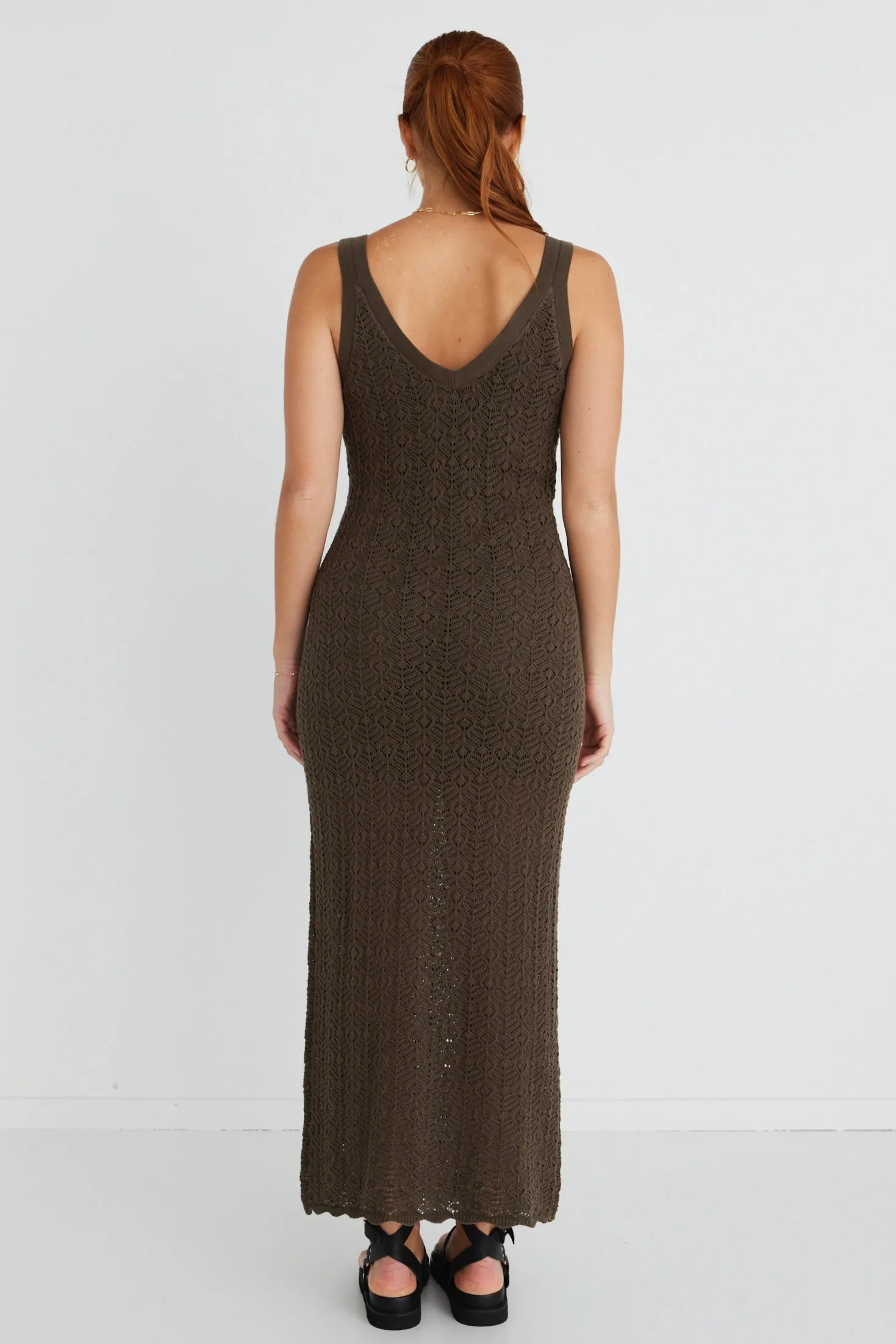 Voyage Khaki Crochet Knit Maxi Dress