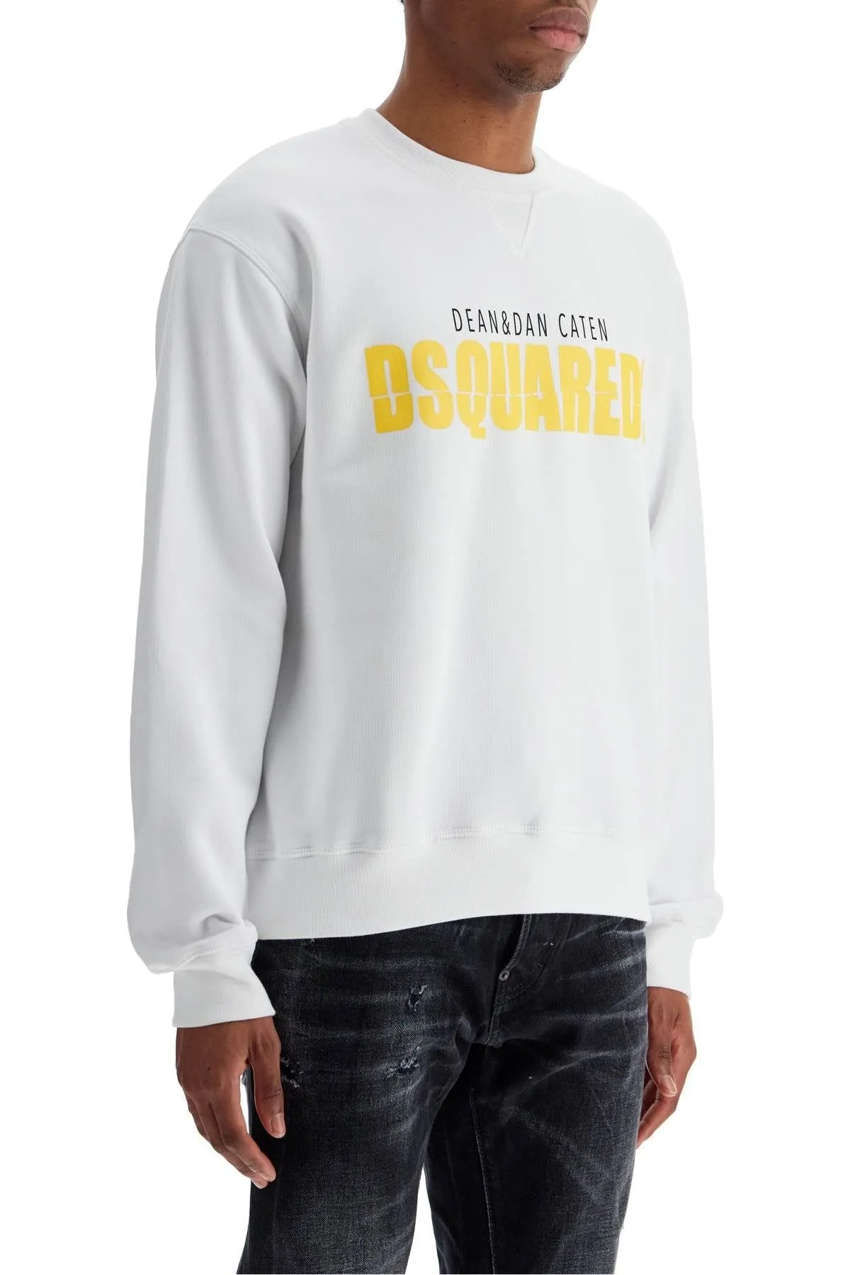 WHITE COTTON SWEATSHIRT WITH DISTINCTIVE YELLOW LOGO