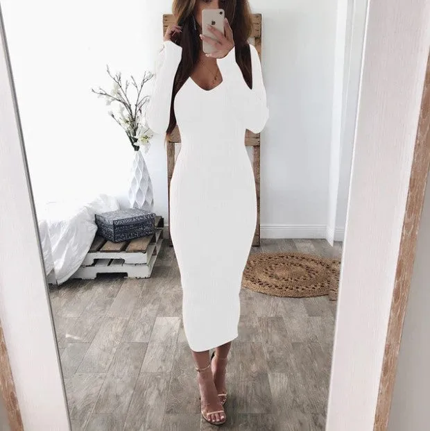 Women's Autumn/Winter Elastic Knitted V-Neck Long-Sleeved Maxi Sweater Dress