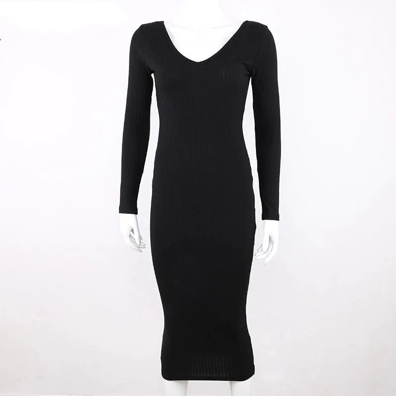 Women's Autumn/Winter Elastic Knitted V-Neck Long-Sleeved Maxi Sweater Dress