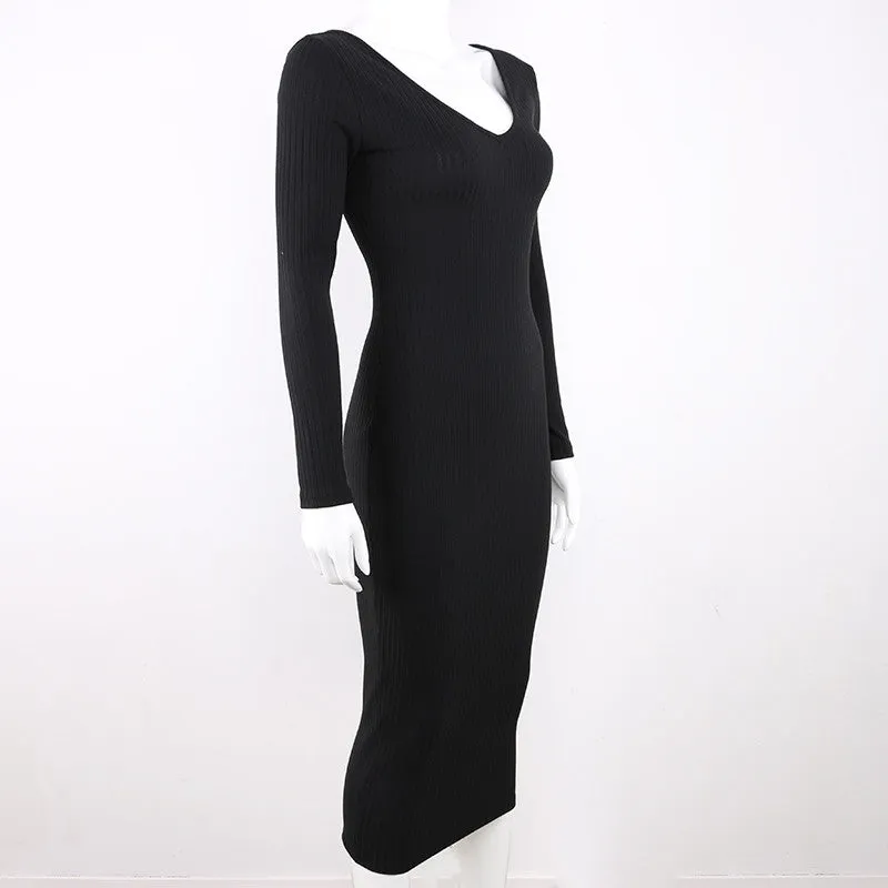 Women's Autumn/Winter Elastic Knitted V-Neck Long-Sleeved Maxi Sweater Dress