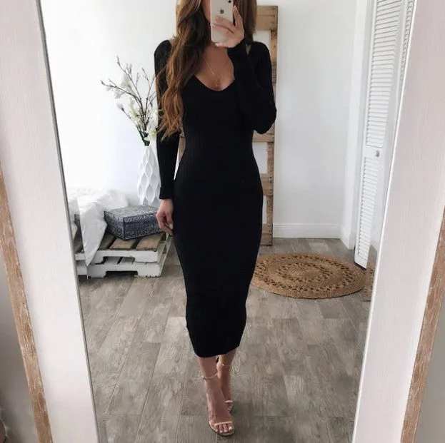 Women's Autumn/Winter Elastic Knitted V-Neck Long-Sleeved Maxi Sweater Dress