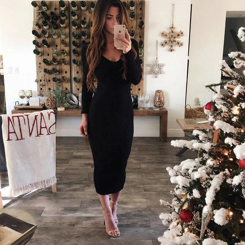 Women's Autumn/Winter Elastic Knitted V-Neck Long-Sleeved Maxi Sweater Dress