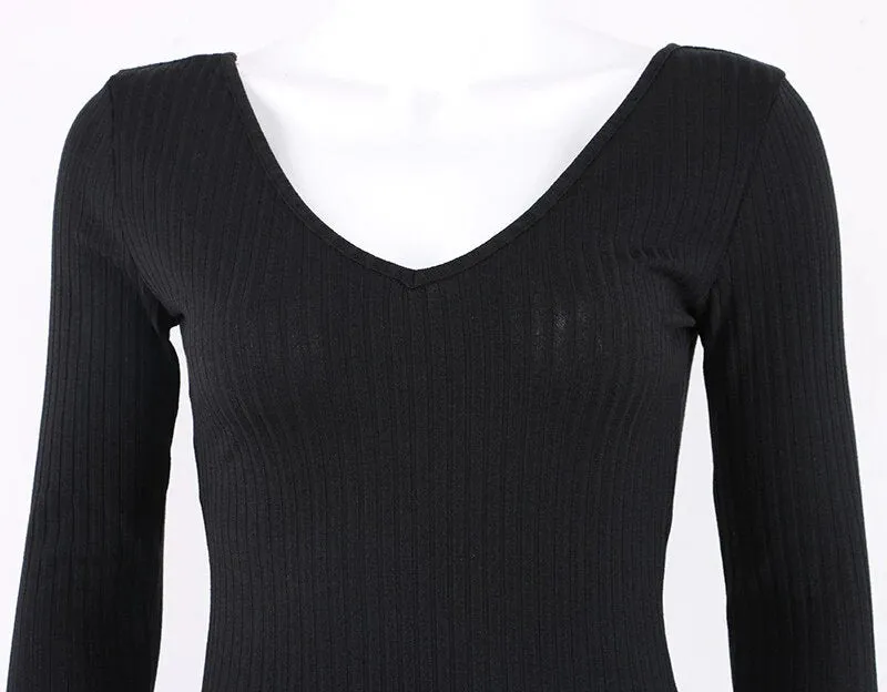 Women's Autumn/Winter Elastic Knitted V-Neck Long-Sleeved Maxi Sweater Dress