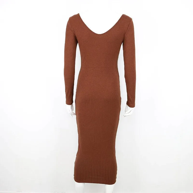 Women's Autumn/Winter Elastic Knitted V-Neck Long-Sleeved Maxi Sweater Dress