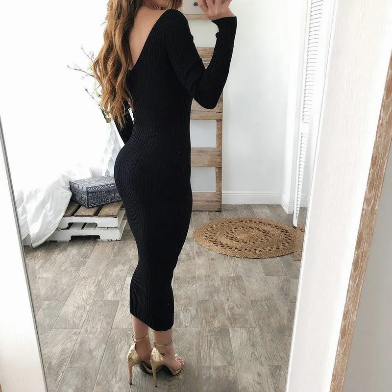 Women's Autumn/Winter Elastic Knitted V-Neck Long-Sleeved Maxi Sweater Dress