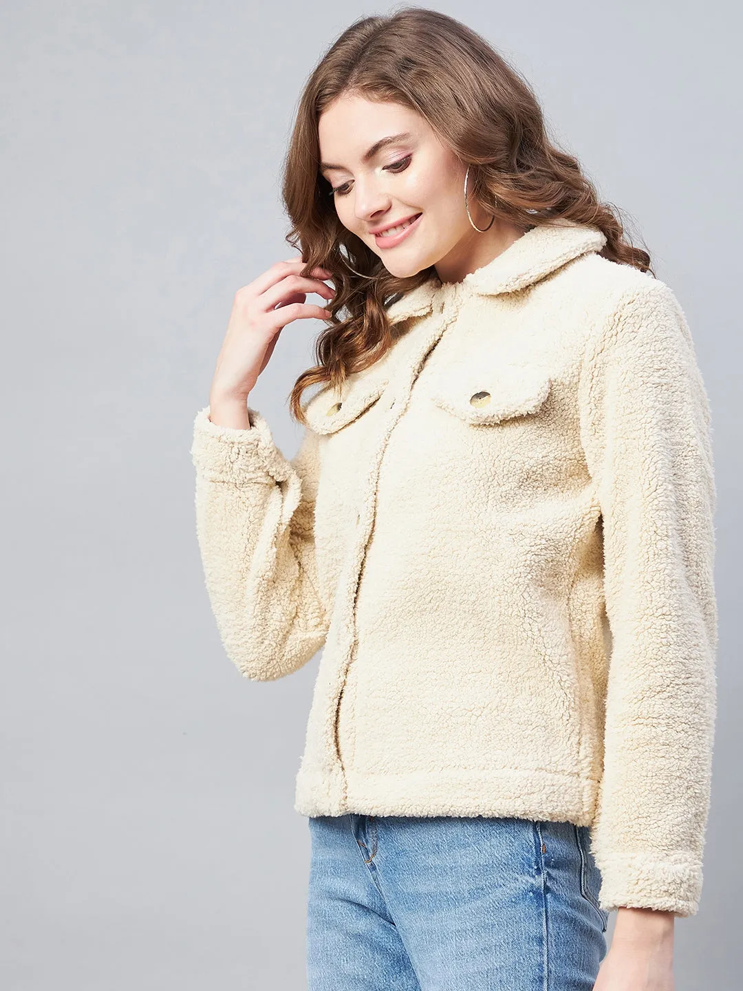 Women's Cream Fleece Casual Winter Jacket - StyleStone
