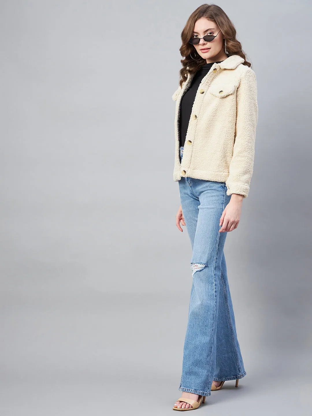 Women's Cream Fleece Casual Winter Jacket - StyleStone