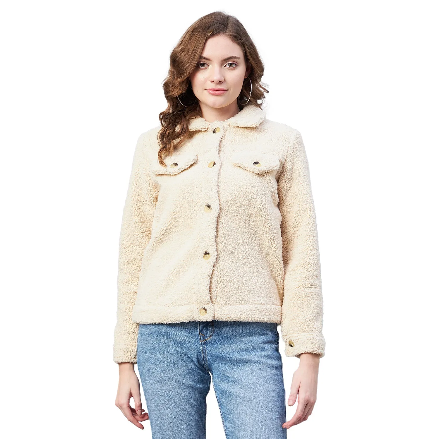 Women's Cream Fleece Casual Winter Jacket - StyleStone