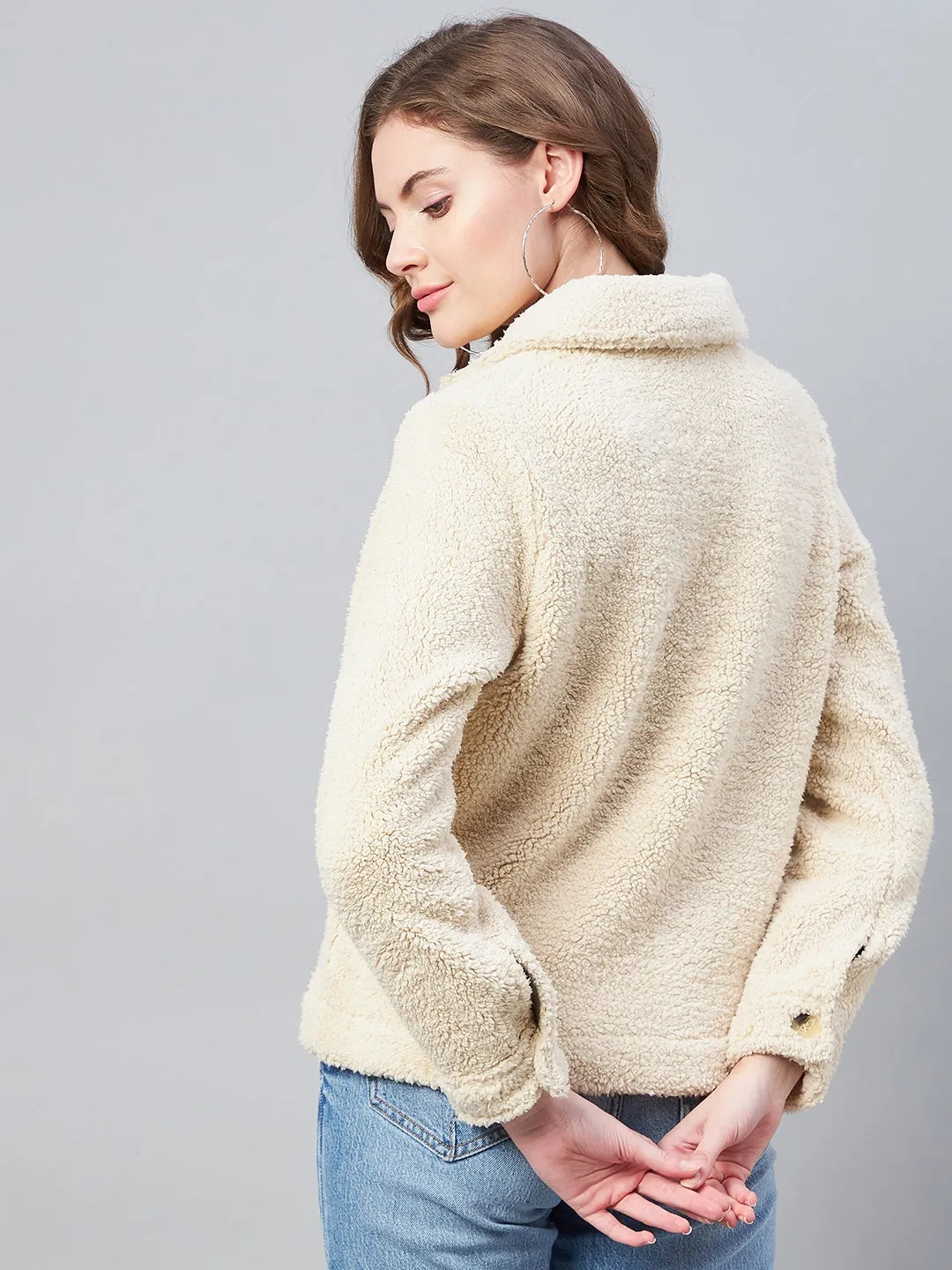Women's Cream Fleece Casual Winter Jacket - StyleStone
