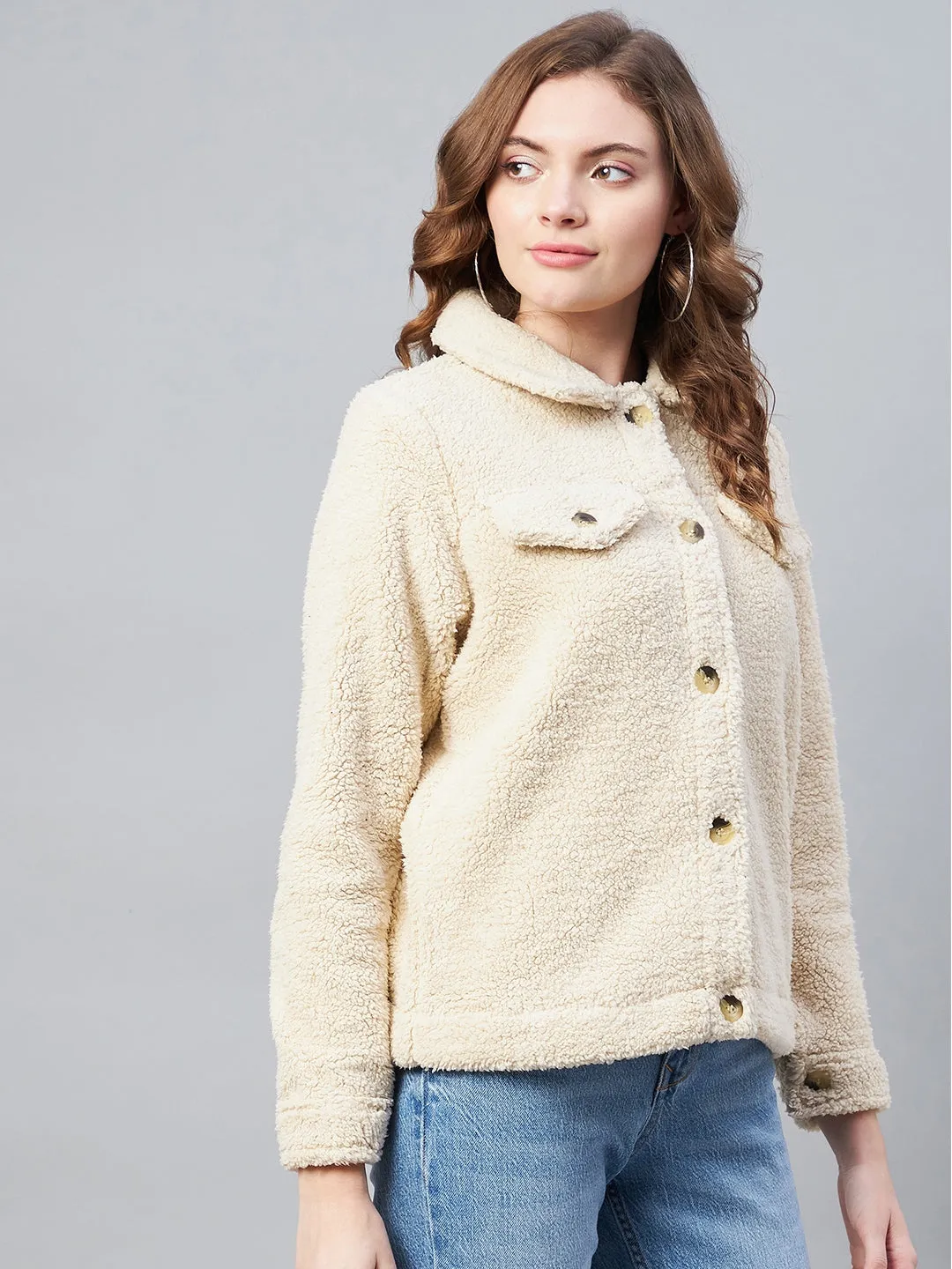 Women's Cream Fleece Casual Winter Jacket - StyleStone