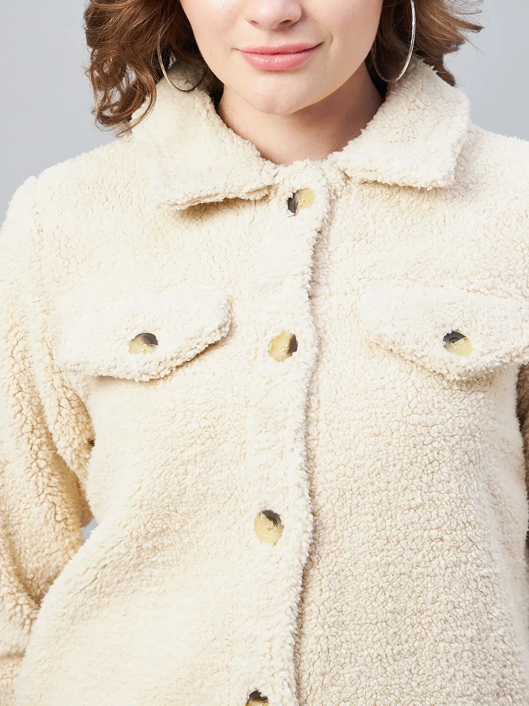Women's Cream Fleece Casual Winter Jacket - StyleStone