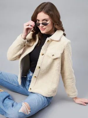 Women's Cream Fleece Casual Winter Jacket - StyleStone