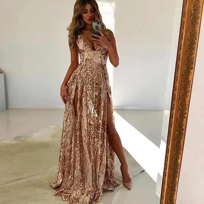 Women's Sequin V-Neck Sheath Long Dress