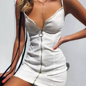 Women's Summer Casual Zipper V-Neck Denim Dress