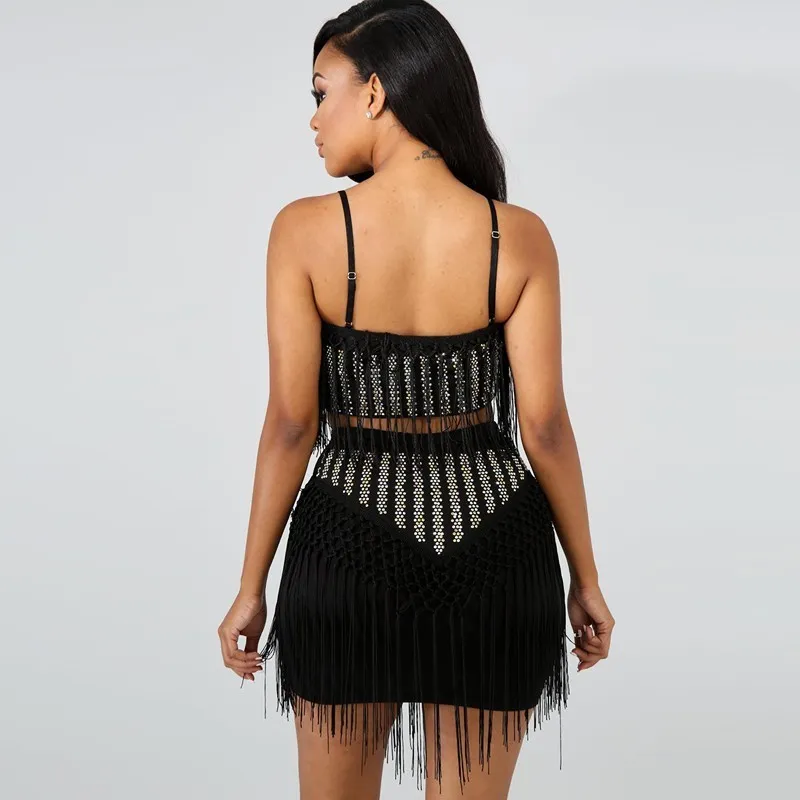 Women's Summer Mini Sheath Two-Piece Dress With Tassels
