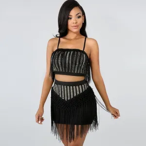 Women's Summer Mini Sheath Two-Piece Dress With Tassels