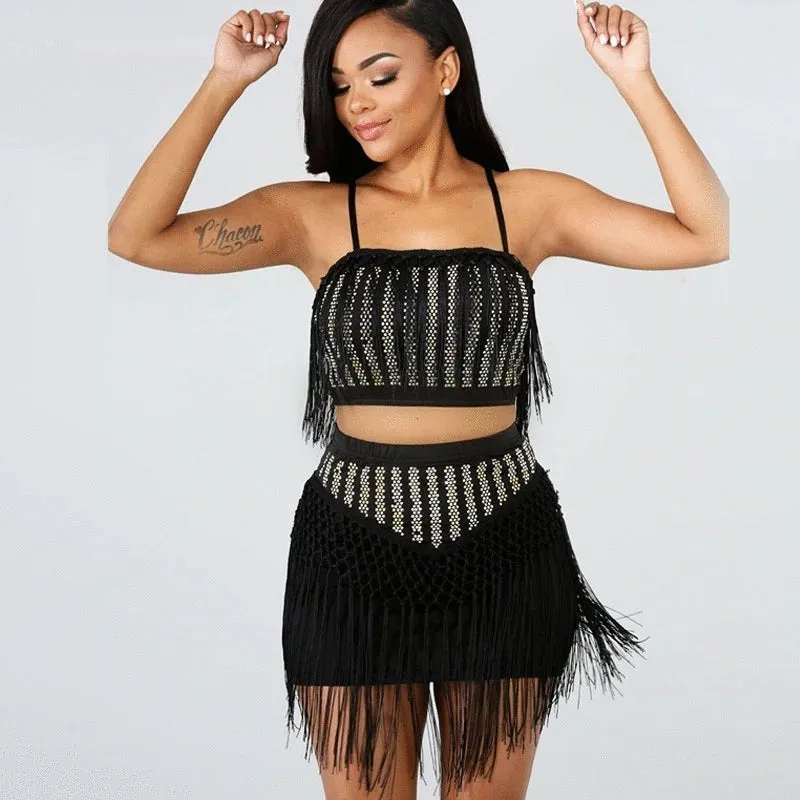 Women's Summer Mini Sheath Two-Piece Dress With Tassels