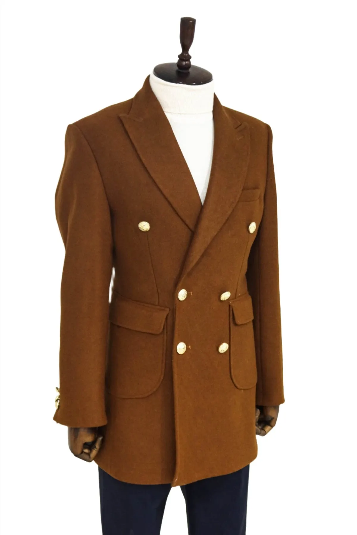 WSS Metal Buttoned Double Breasted Tan Men Coat  - Singen