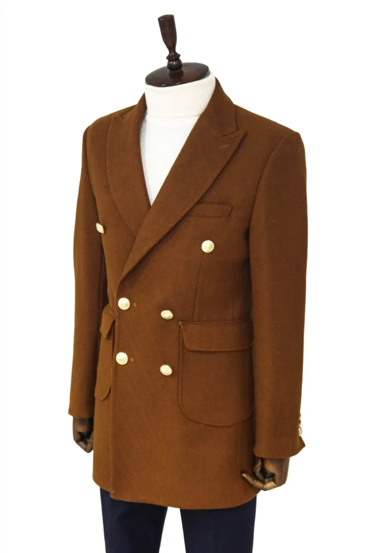 WSS Metal Buttoned Double Breasted Tan Men Coat  - Singen