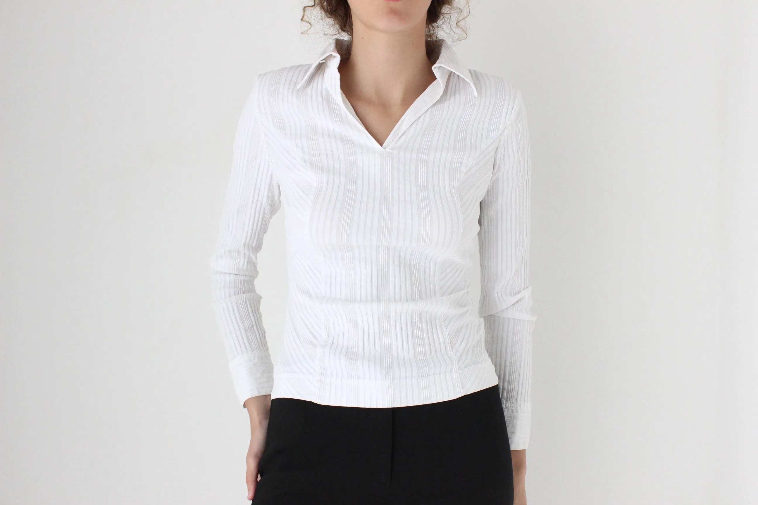 Y2K Stretch Textured Sexy Fitted Collared Shirt Top