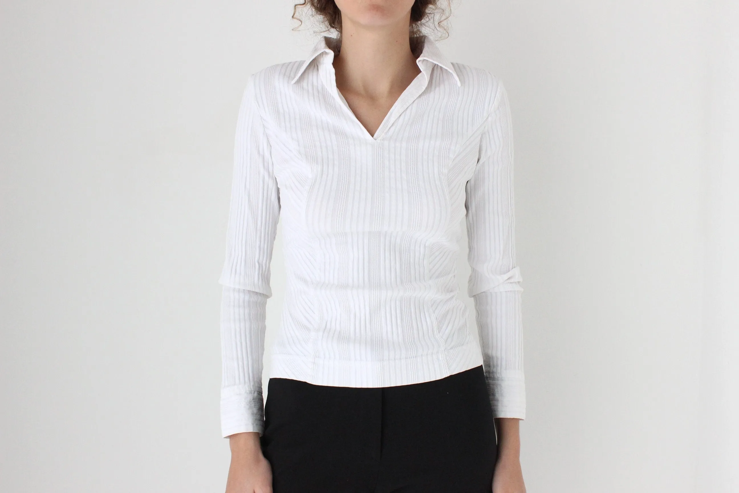 Y2K Stretch Textured Sexy Fitted Collared Shirt Top