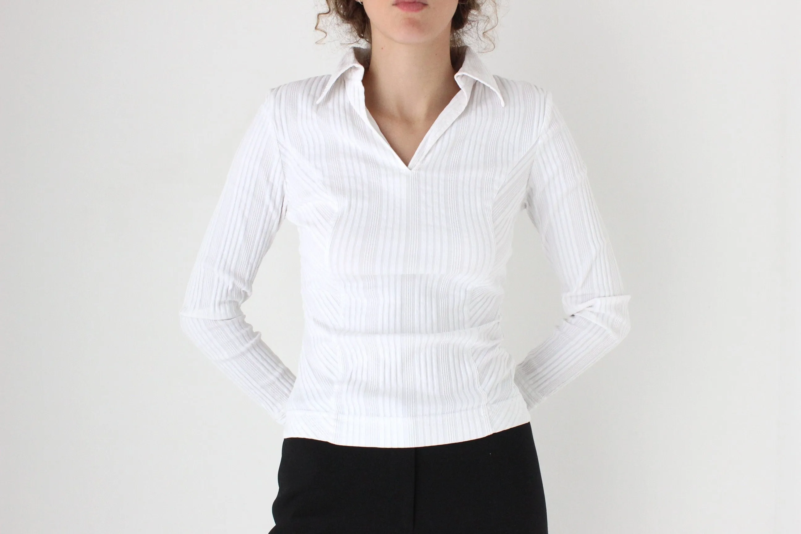 Y2K Stretch Textured Sexy Fitted Collared Shirt Top